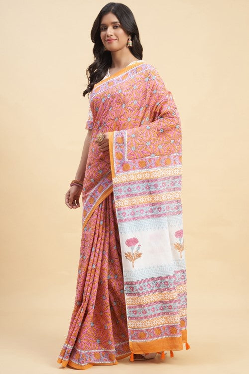 Sooti Syahi Daffodil Pink Block Print Cotton Saree Online