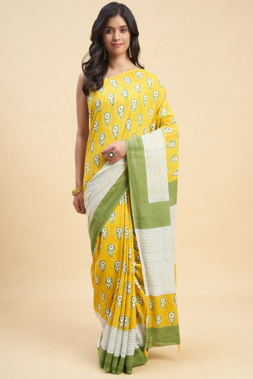 Sooti Syahi Mandevilla Yellow Block Print Cotton Saree Online