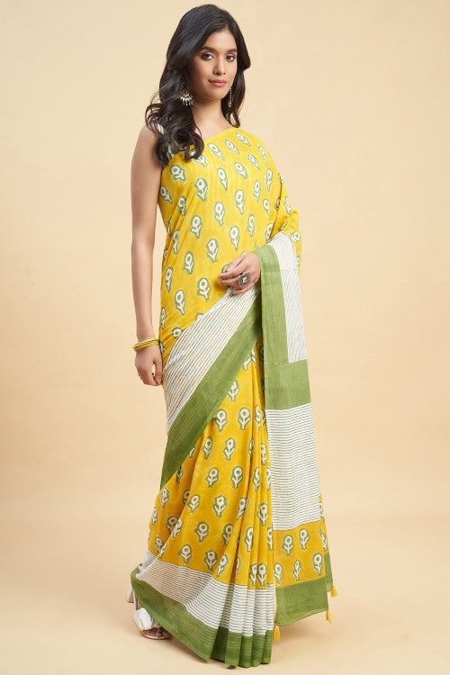 Sooti Syahi "Mandevilla Yellow" Handblock Print Mul Cotton Saree