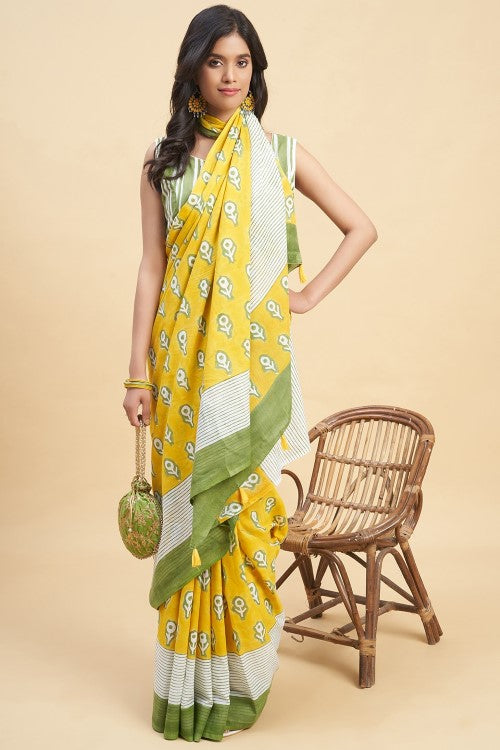 Sooti Syahi "Mandevilla Yellow" Handblock Print Mul Cotton Saree