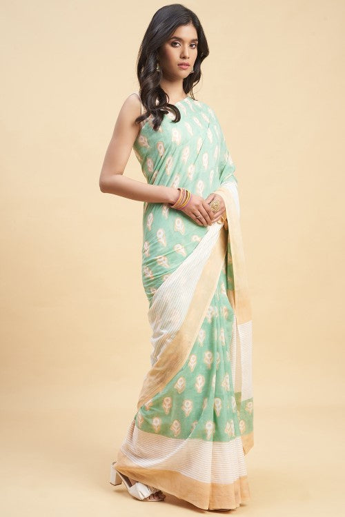 Sooti Syahi "Mandevilla Piast" Handblock Print Mul Cotton Saree