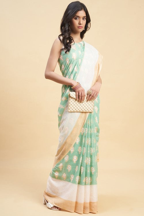Sooti Syahi "Mandevilla Piast" Handblock Print Mul Cotton Saree