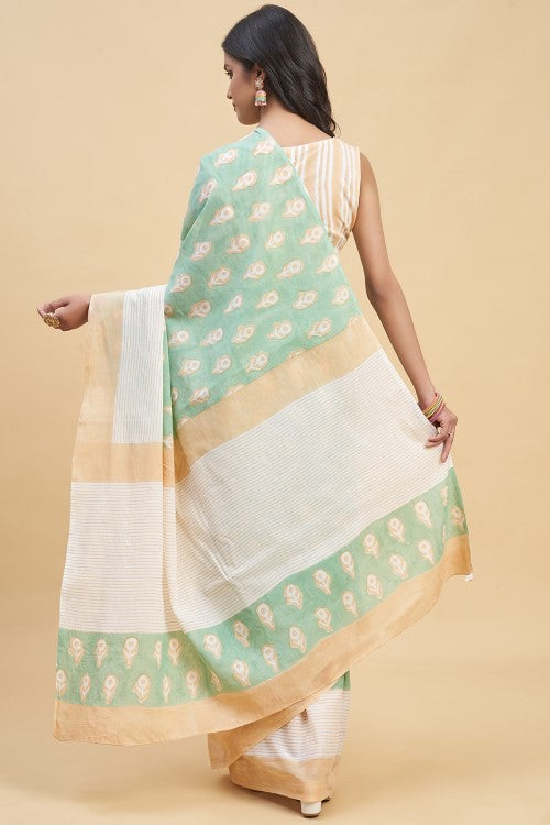 Sooti Syahi "Mandevilla Piast" Handblock Print Mul Cotton Saree
