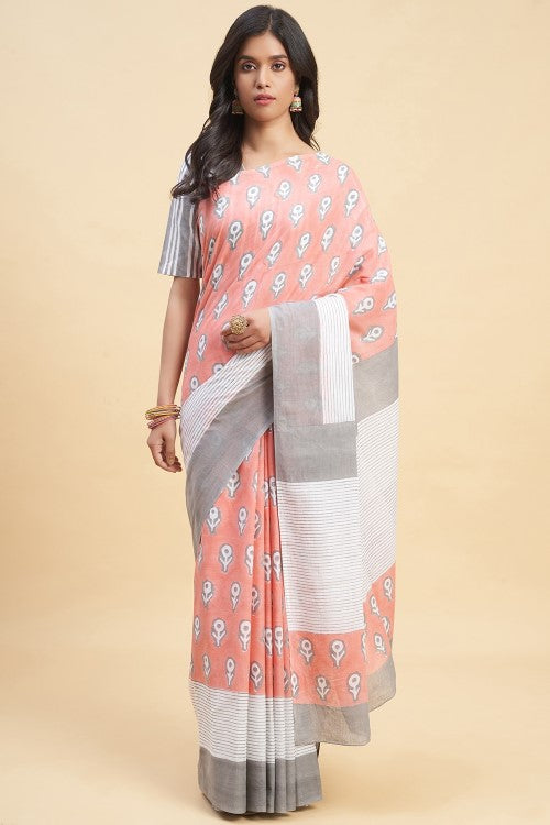 Sooti Syahi Mandevilla Pink Block Print Cotton Saree Online