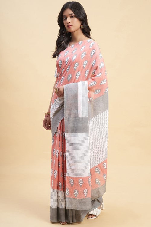 Sooti Syahi "Mandevilla Salmon"Handblock Print Mul Cotton Saree
