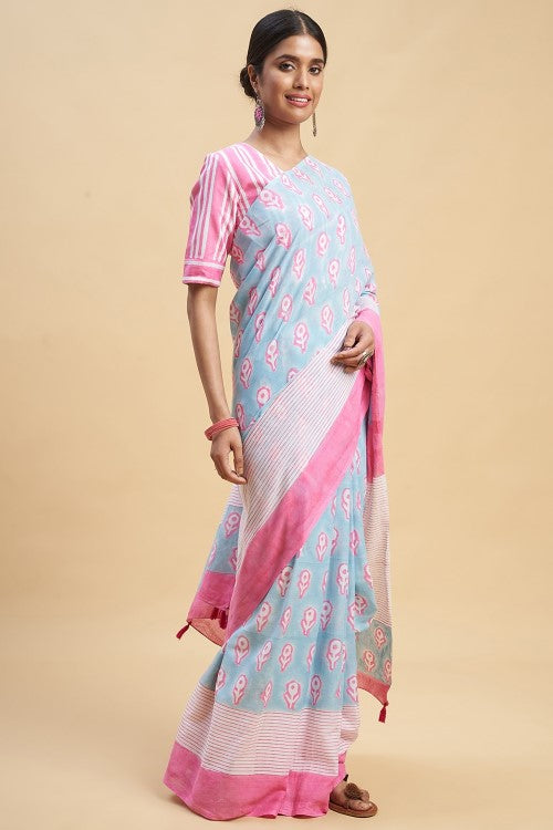 Sooti Syahi "Mandevilla Pink" Handblock Print Mul Cotton Saree