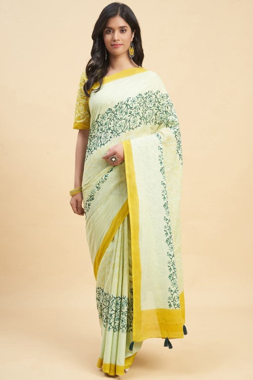 Sooti Syahi Crape Myrtle Musterd Block Print Cotton Saree Online
