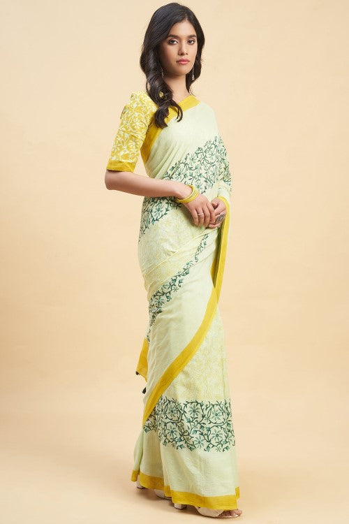 Sooti Syahi "Crape Myrtle Musterd" Handblock Print Mul Cotton Saree