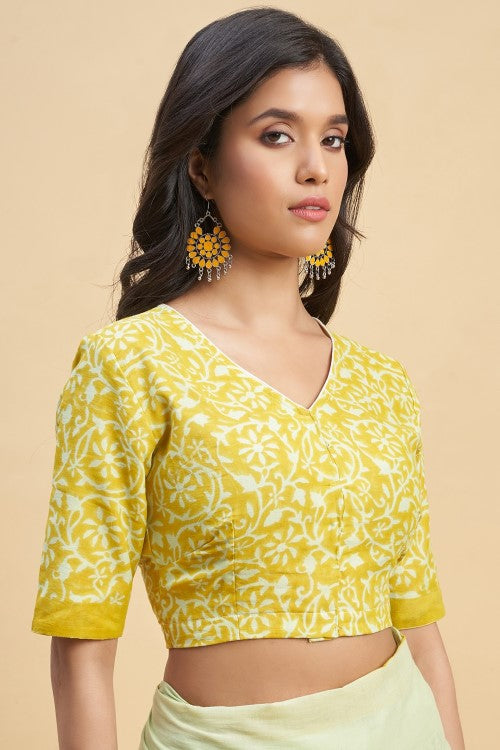 Sooti Syahi "Crape Myrtle Musterd" Handblock Print Mul Cotton Saree