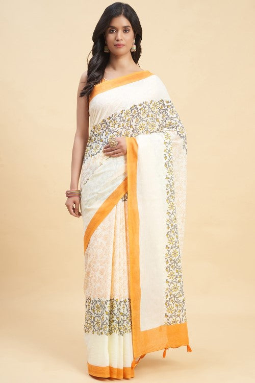 Sooti Syahi Crape Myrtle Saffron Block Print Cotton Saree Online