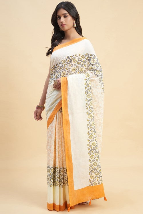 Sooti Syahi Crape Myrtle Saffron Block Print Cotton Saree Online