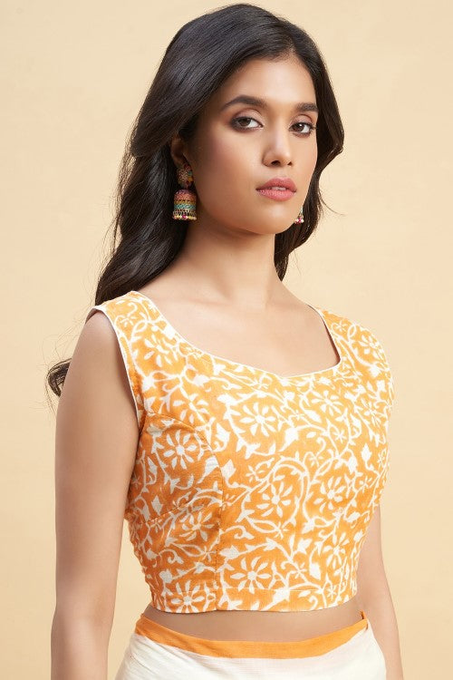 Sooti Syahi "Crape Myrtle Saffron" Handblock Print Mul Cotton Saree