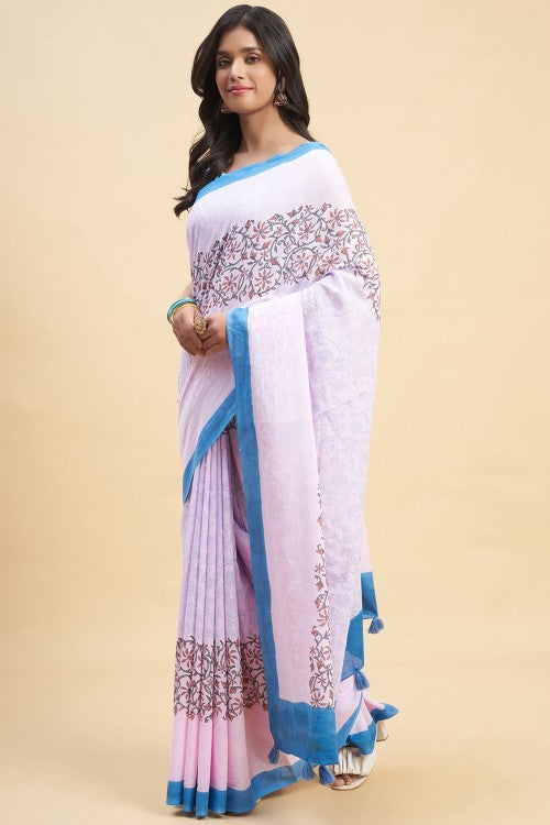 Sooti Syahi "Crape Myrtle Pink" Handblock Print Mul Cotton Saree