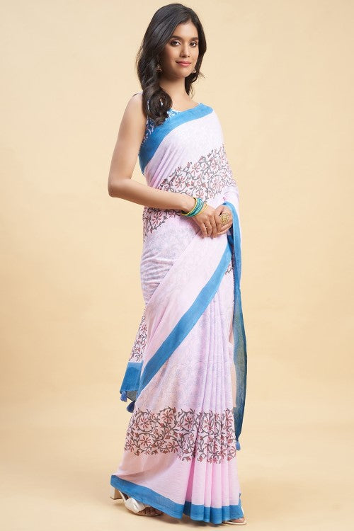 Sooti Syahi "Crape Myrtle Pink" Handblock Print Mul Cotton Saree