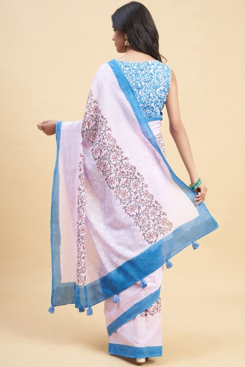 Sooti Syahi "Crape Myrtle Pink" Handblock Print Mul Cotton Saree
