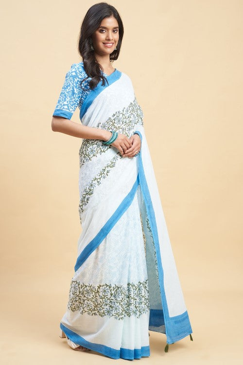 Sooti Syahi "Crape Myrtle Blue" Handblock Print Mul Cotton Saree