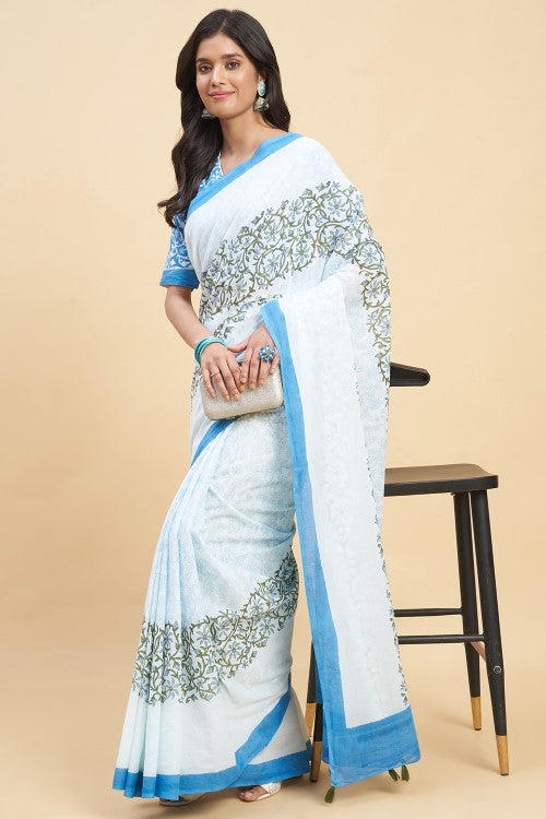 Sooti Syahi "Crape Myrtle Blue" Handblock Print Mul Cotton Saree