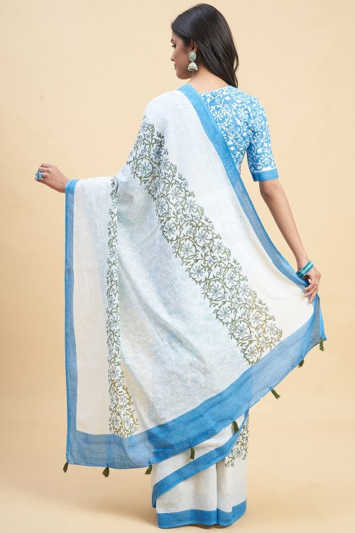 Sooti Syahi "Crape Myrtle Blue" Handblock Print Mul Cotton Saree