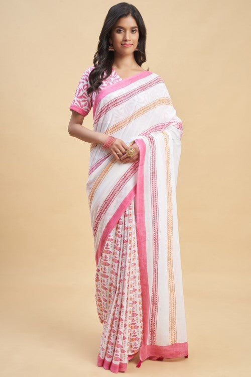 Sooti Syahi California Pink Handblock Print Cotton Saree Online