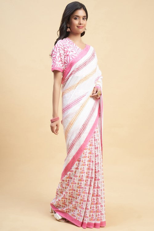 Sooti Syahi " California Pink" Block Printed Cotton Saree