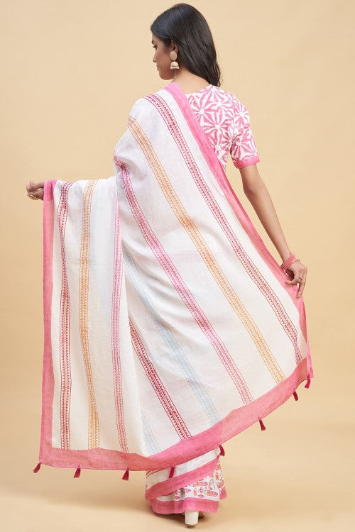 Sooti Syahi " California Pink" Block Printed Cotton Saree