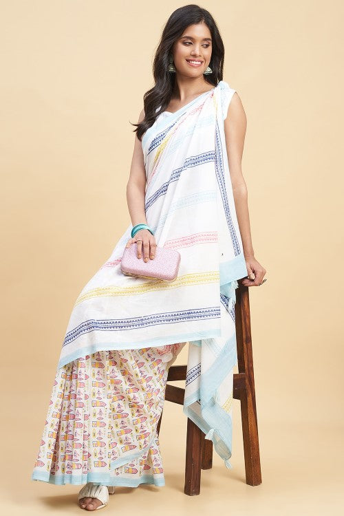 Sooti Syahi "California Orange" Handblock Print Mul Cotton Saree