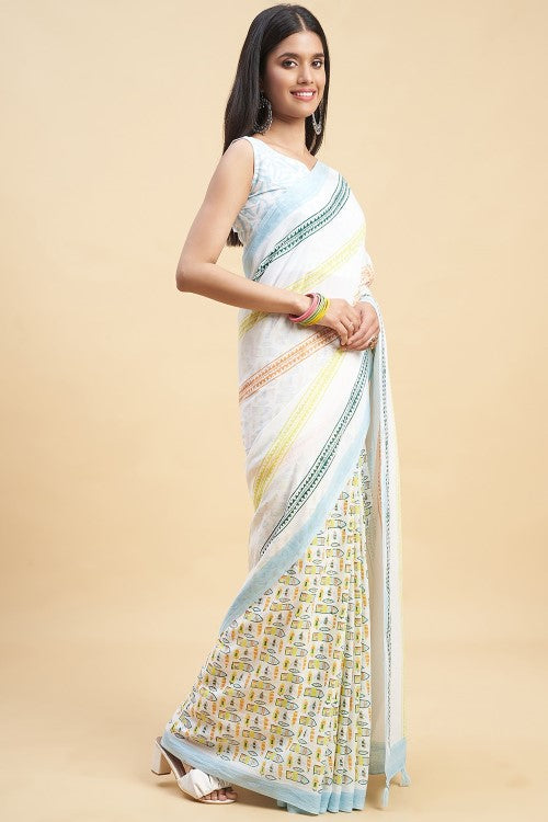 Sooti Syahi "California Sky Blue" Handblock Print Mul Cotton Saree