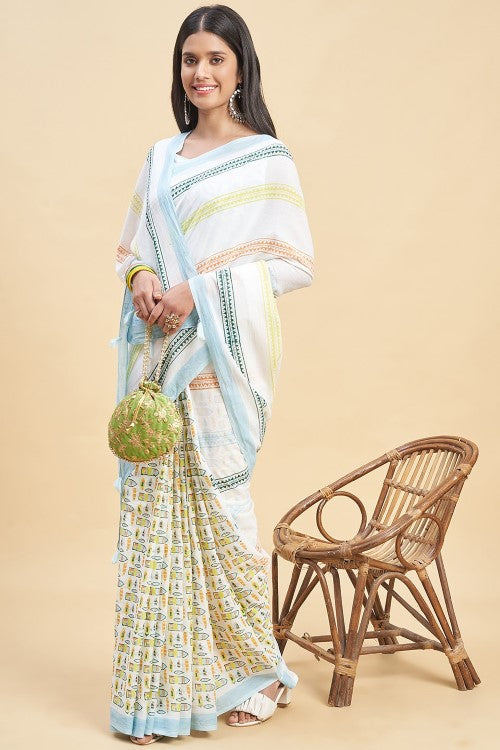Sooti Syahi "California Sky Blue" Handblock Print Mul Cotton Saree