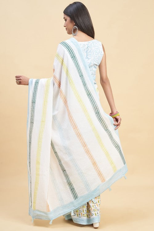 Sooti Syahi "California Sky Blue" Handblock Print Mul Cotton Saree