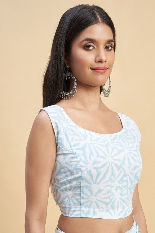 Sooti Syahi "California Sky Blue" Handblock Print Mul Cotton Saree