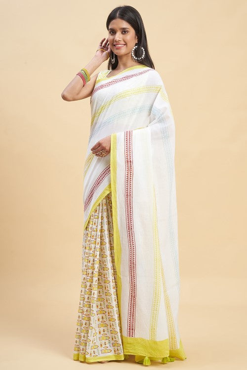 Sooti Syahi California Yellow Block Print Cotton Saree Online