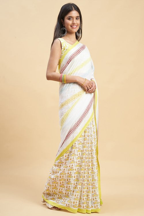 Sooti Syahi "California Yellow" Handblock Print Mul Cotton Saree