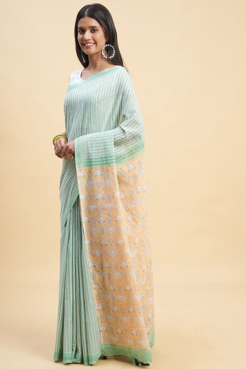 Sooti Syahi King Crab Greeny Block Print Cotton Saree Online