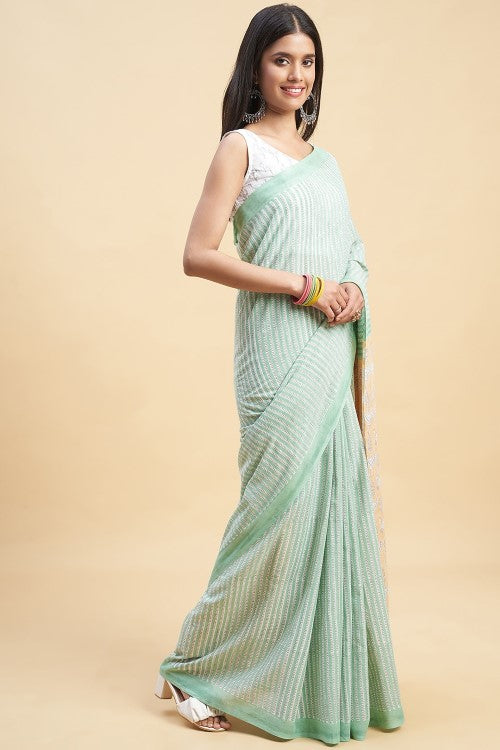 Sooti Syahi "King Crabs Greeny" Handblock Print Mul Cotton Saree