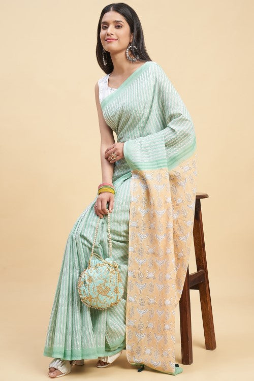 Sooti Syahi "King Crabs Greeny" Handblock Print Mul Cotton Saree