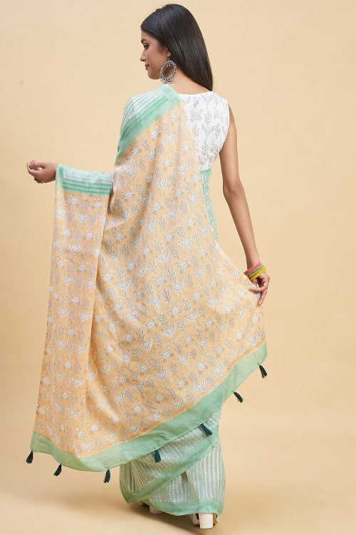 Sooti Syahi "King Crabs Greeny" Handblock Print Mul Cotton Saree