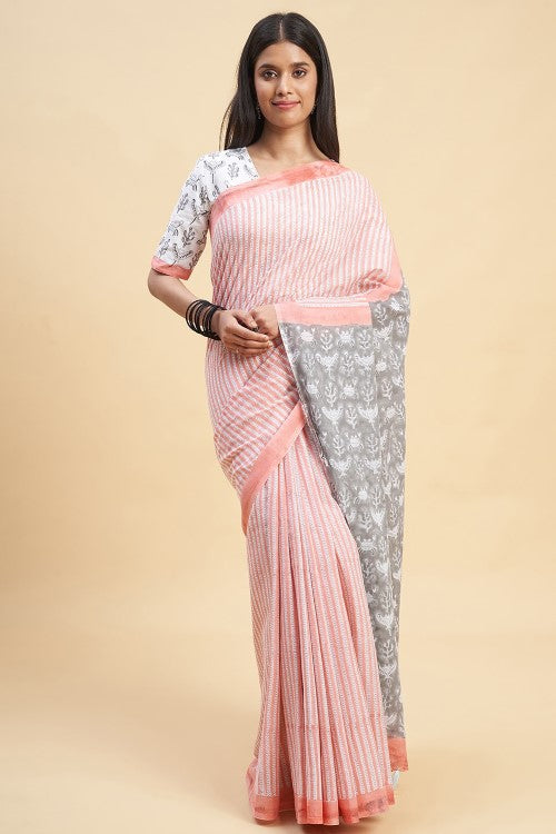 Sooti Syahi Azalia Yellow Handblock Print Cotton Pink Saree Online