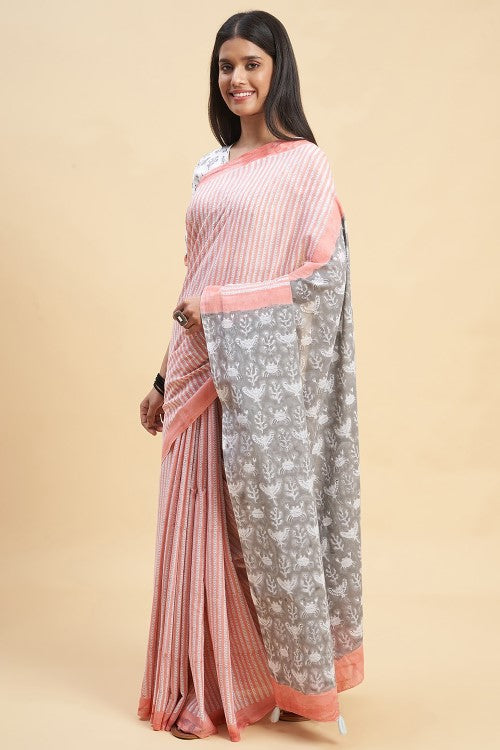 Sooti Syahi " Azalia Yellow" Handblock Print Mul Cotton Pink Saree