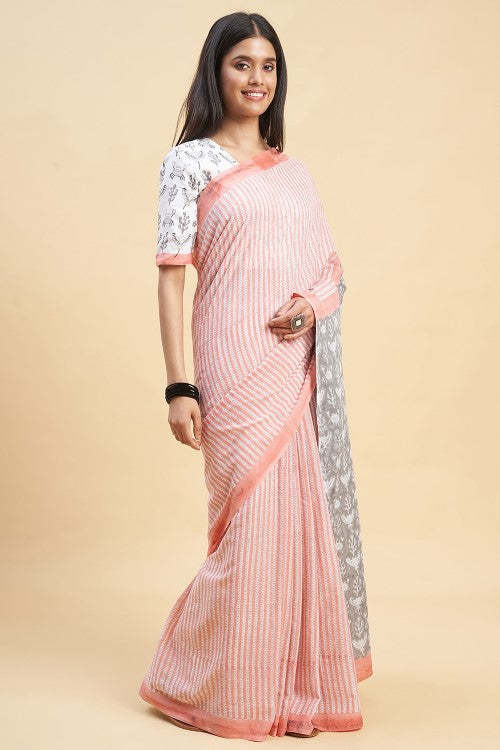 Sooti Syahi " Azalia Yellow" Handblock Print Mul Cotton Pink Saree