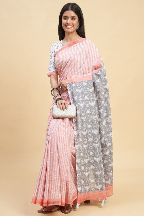 Sooti Syahi Azalia Yellow Handblock Print Cotton Pink Saree Online