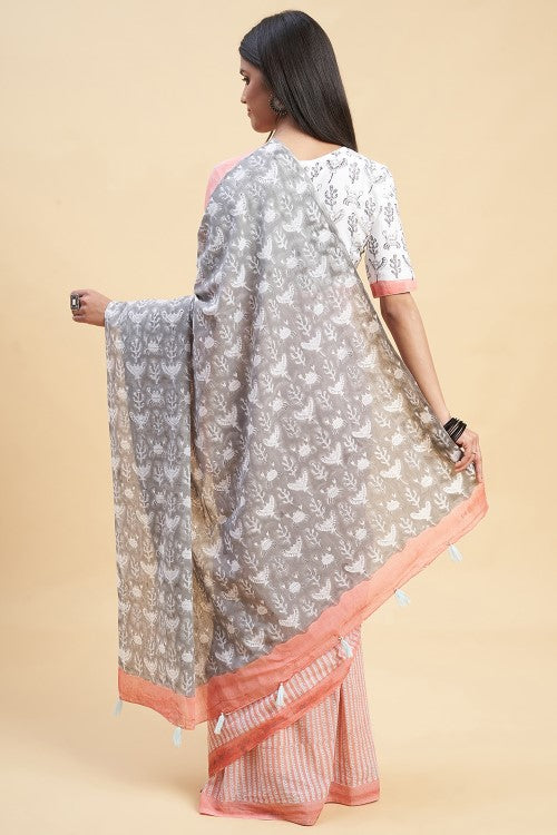 Sooti Syahi " Azalia Yellow" Handblock Print Mul Cotton Pink Saree
