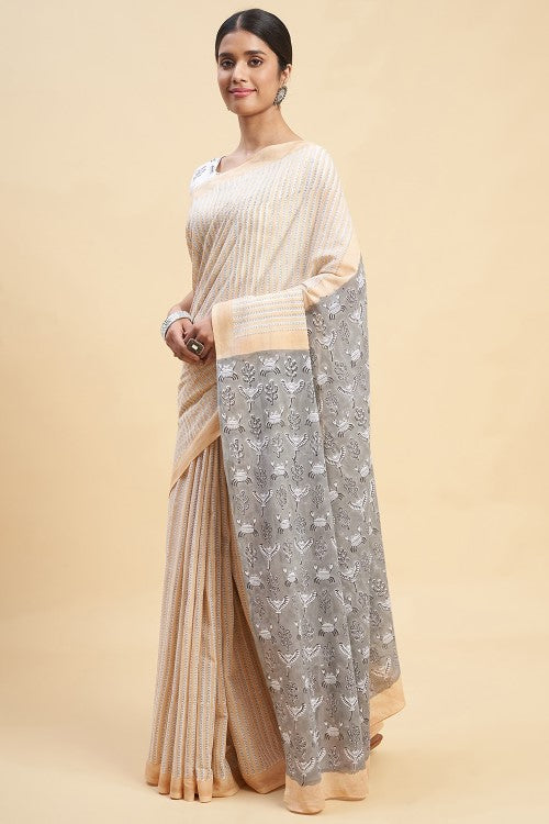 Sooti Syahi King Crab Gray Block Print Cotton Saree Online