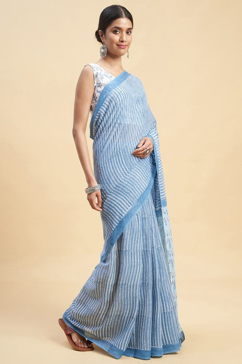 Sooti Syahi "Blue Crabs" Handblock Print Mul Cotton Saree