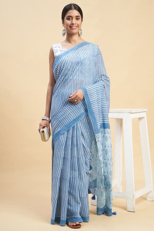 Sooti Syahi "Blue Crabs" Handblock Print Mul Cotton Saree
