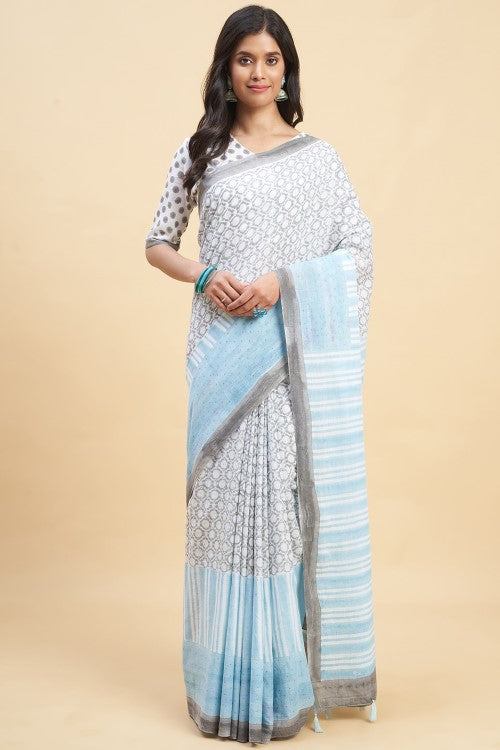 Sooti Syahi Paradise Sky Blue Print Cotton Saree Online