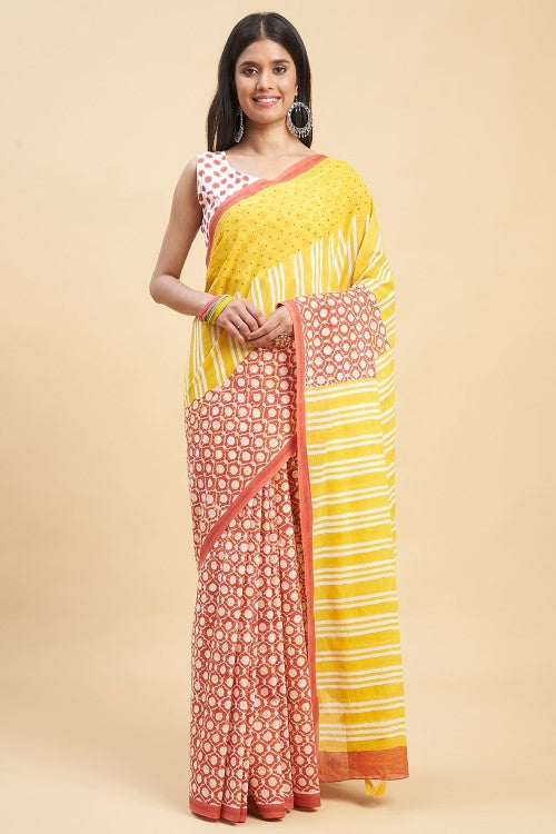 Sooti Syahi Paradise Yellow Print Cotton Saree Online