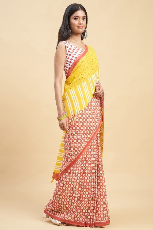 Sooti Syahi "Paradise Yellow" Handblock Print Mul Cotton Saree