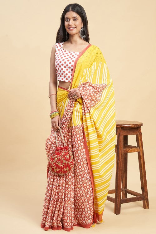 Sooti Syahi "Paradise Yellow" Handblock Print Mul Cotton Saree