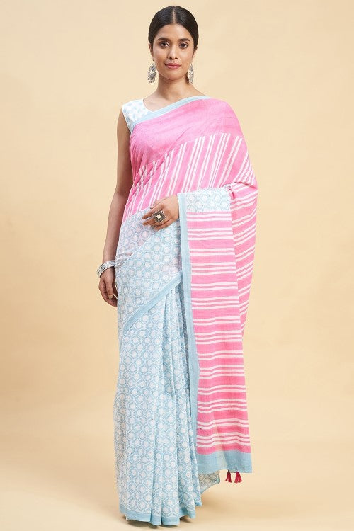 Sooti Syahi Paradise Pink Block Print Cotton Saree Online
