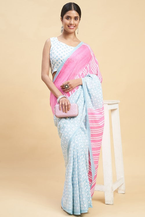 Sooti Syahi "Paradise Pink" Handblock Print Mul Cotton Saree